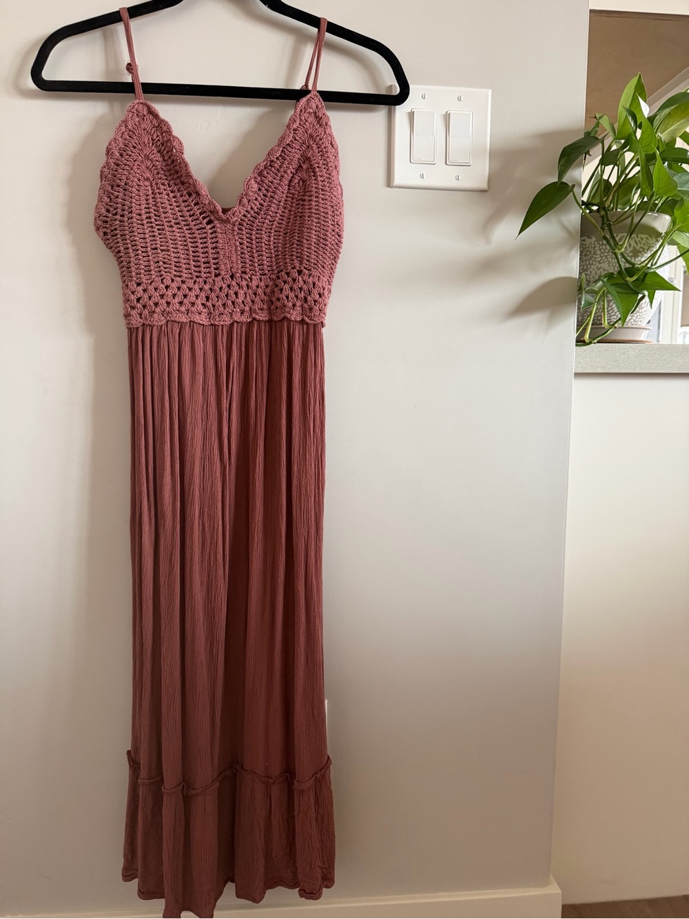 Hint of Blush Crochet Bodice Spaghetti Strap Maxi Dress - Dusty Rose